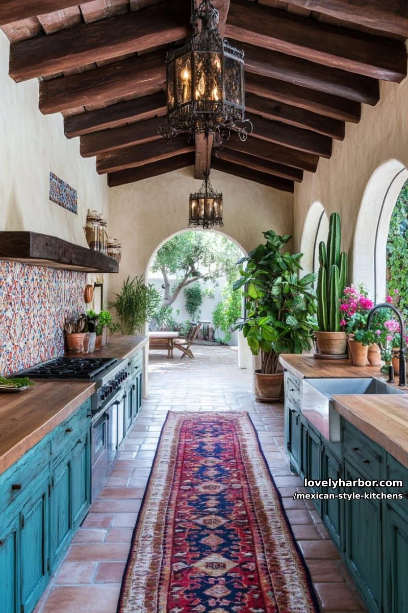 14 Mexican Style Kitchens You'll Want to Copy 4 rustic mediterranean kitchen with stucco walls, turquoise cabinetry, and sunlit arched window. 1