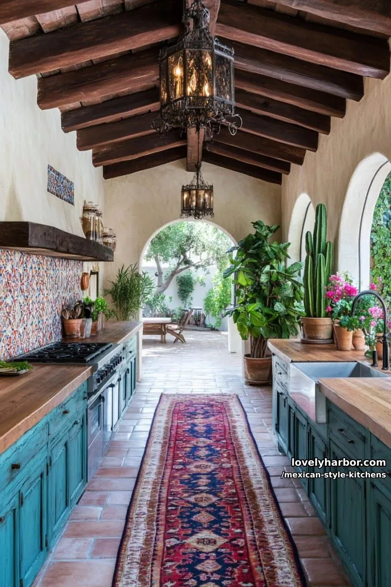 14 Mexican Style Kitchens You'll Want to Copy 3 rustic mediterranean kitchen with stucco walls, turquoise cabinetry, and sunlit arched window. 1