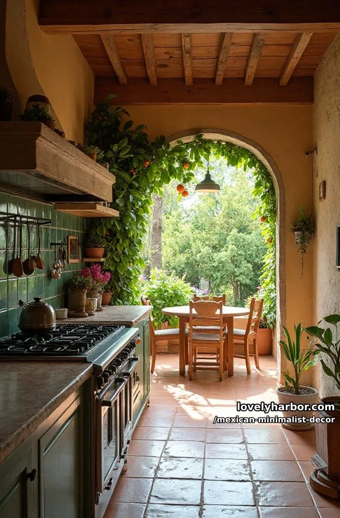 rustic mediterranean kitchen with wooden beams, green tiles, and arched dining area. 1