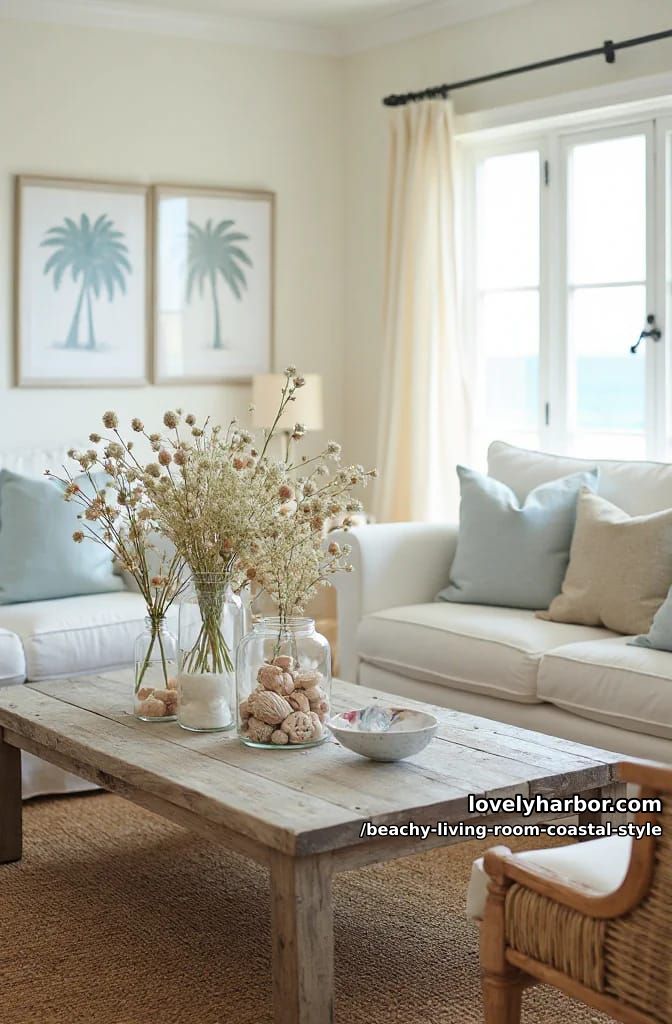 rustic table with glass jars of seashells and wildflowers, beach house vibe 1
