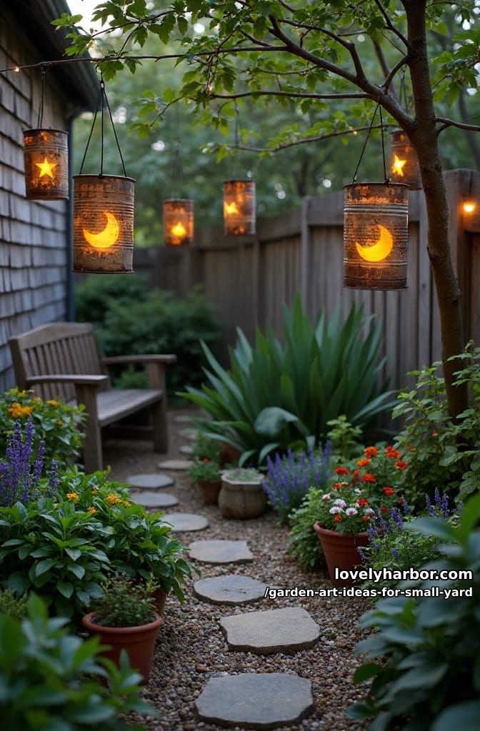 20 Creative Garden Art Ideas to Elevate Small Yards 8 rustic tin can lanterns with star and moon cutouts 1