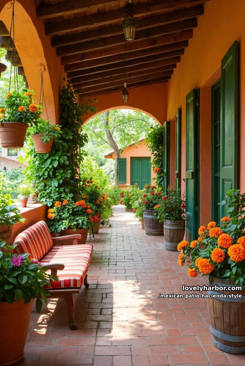 rustic veranda with clay-tiled floor, orange walls, green windows, and abundant foliage. 1