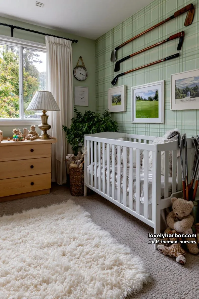 sage green plaid wallpaper paired with vintage golf club wall hangings 1