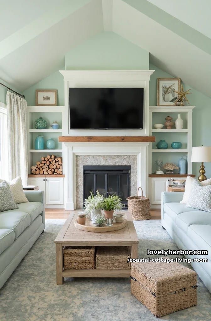 seafoam green coastal living room with vaulted ceilings and beachy accents. 1