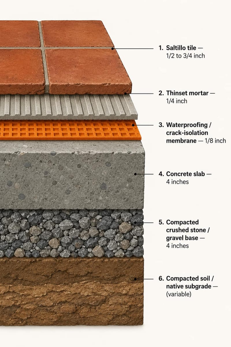 Technical cross-section diagram of a Mexican patio build showing 6 layers: Saltillo tile, polymer-modified thinset, waterproofing membrane (Schluter DITRA), 4-inch concrete slab with rebar, crushed stone base, and compacted subgrade.