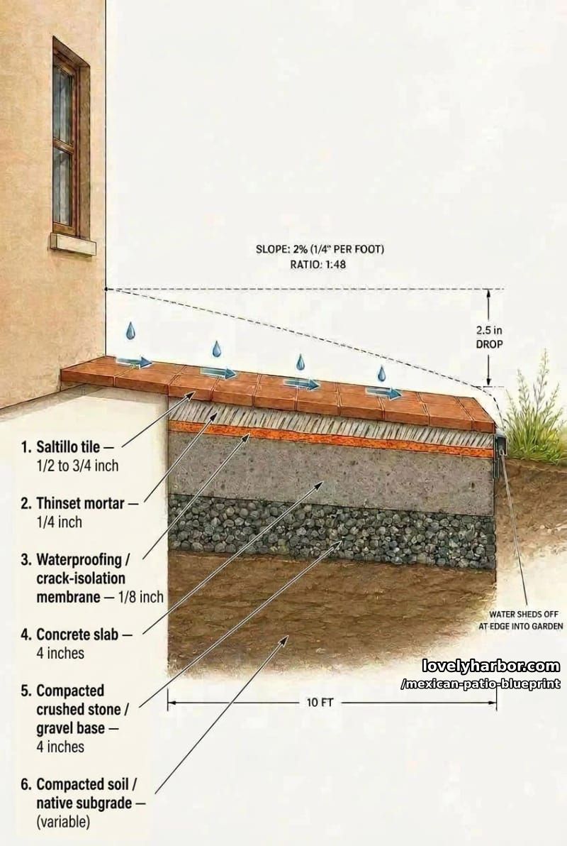 Architectural side-elevation diagram showing a Mexican patio sloped 1/4 inch per foot (2% grade) away from a house foundation to ensure proper drainage and prevent water pooling.