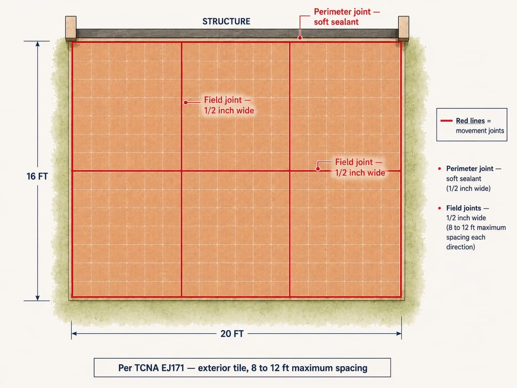 Top-down technical layout of a 16x20 ft Mexican patio showing TCNA EJ171 compliant expansion joints, including red-coded perimeter joints and field joints spaced every 8 to 12 feet.
