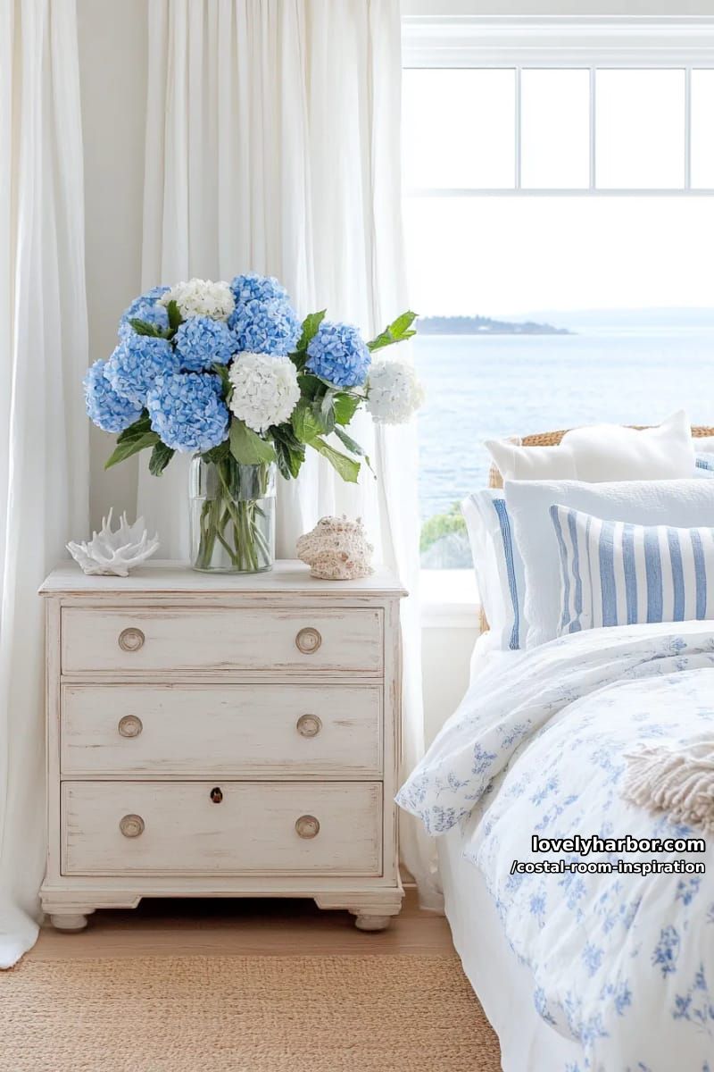 serene bedroom corner with dresser, hydrangeas, and blue floral bedding. 1