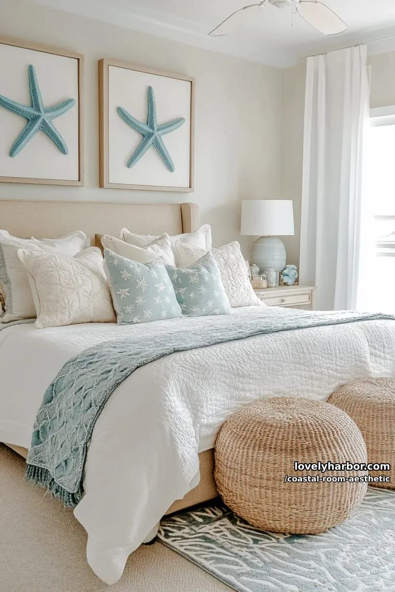 serene bedroom with beige headboard, blue starfish decor, and natural light. 1