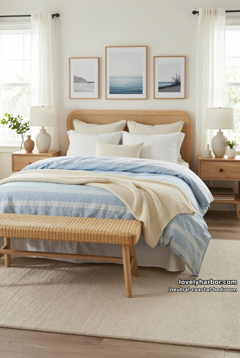 serene bedroom with blue and cream palette, striped comforter, rattan headboard, and art prints. 1