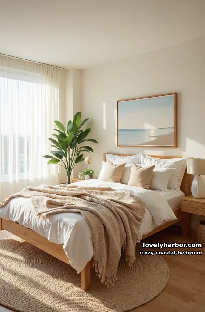 20 Dreamy Coastal Bedrooms for a Serene Retreat 12 serene bedroom with platform bed, neutral bedding, and lush green plant 1