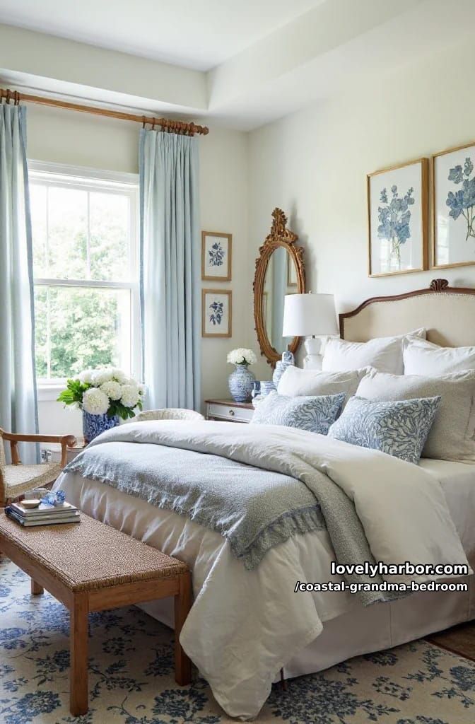 serene bedroom with wood furniture, blue pillows, botanical art, and rattan accents. 1