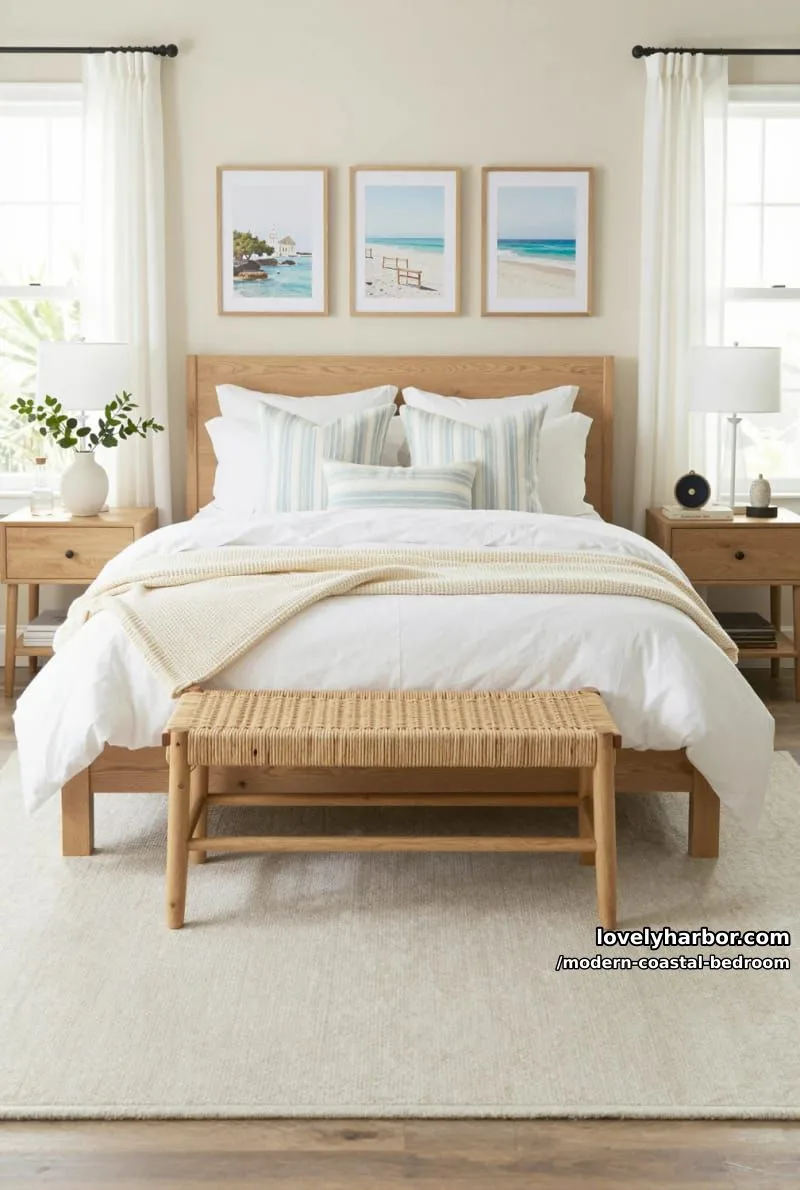 serene bedroom with wood headboard, blue striped pillows, and rattan bench. 1