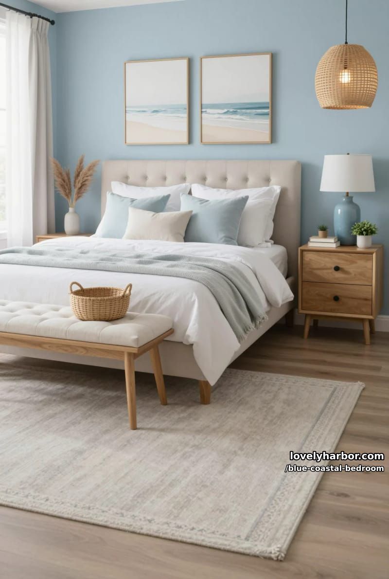 serene blue accent bedroom with bench, pampas grass, and minimalist beach art. 1