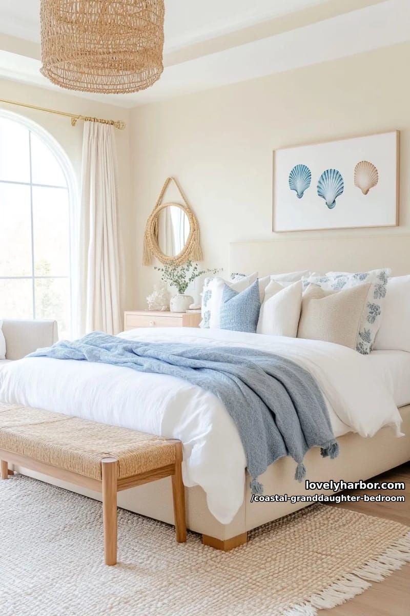 serene coastal bedroom with cream bed, blue throw, rattan pendant, and shell accents. 1