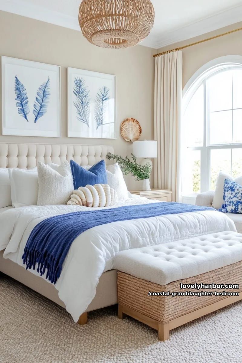 serene coastal bedroom with cream bed, blue throw, rattan pendant, and shell accents. 1