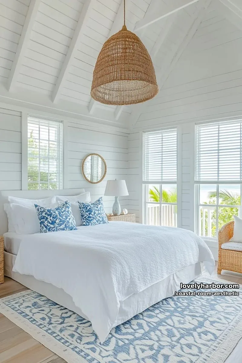serene coastal bedroom with vaulted shiplap ceiling, blue pillows, and rattan lighting. 1