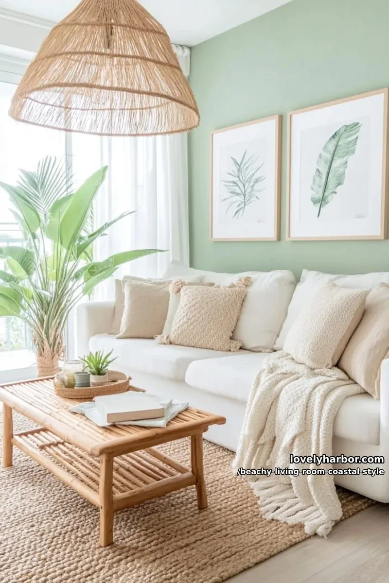 serene coastal living room with sage green wall and woven textures 1