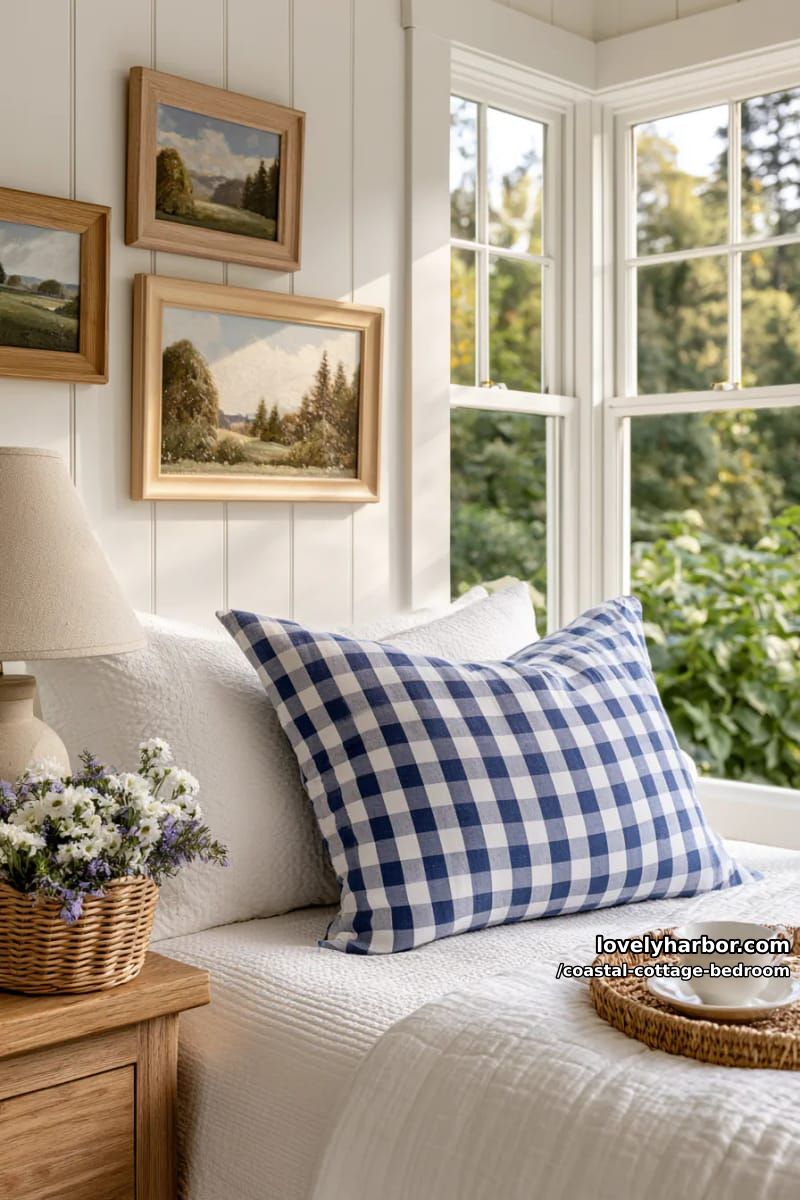 serene cottage bedroom with gingham pillow, floral accents, and natural greenery. 1