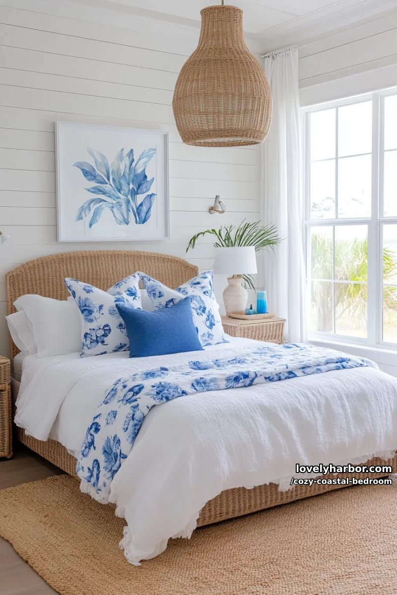 20 Dreamy Coastal Bedrooms for a Serene Retreat 20 serene shiplap bedroom with blue floral accents and wicker details 1