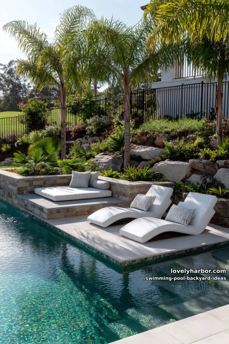 shallow green-tiled pool, wave loungers, and elevated sunbed with palm trees 1