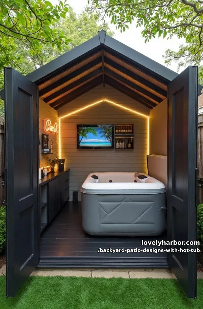 20 Dreamy Backyard Patios with Hot Tubs to Inspire 16 shed with inflatable hot tub, neon sign, tv, and beverage station. 1