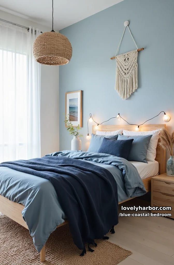 single bed blue-themed room with macrame, fairy lights, and rattan pendant. 1