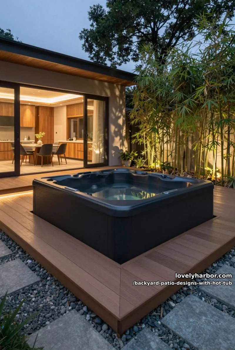 20 Dreamy Backyard Patios with Hot Tubs to Inspire 7 sleek black hot tub on elevated deck with bamboo and ground lighting. 1