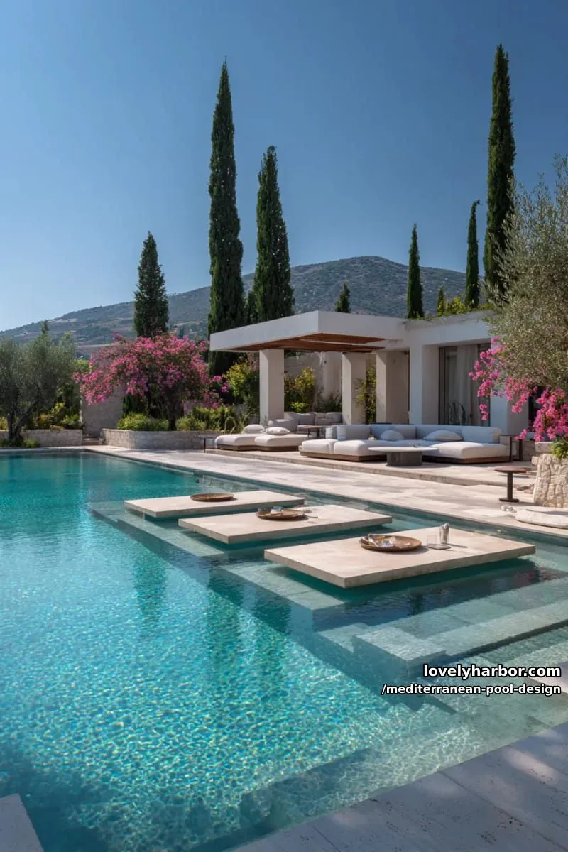 sleek modern mediterranean pool with floating platforms and pergola lounge. 1