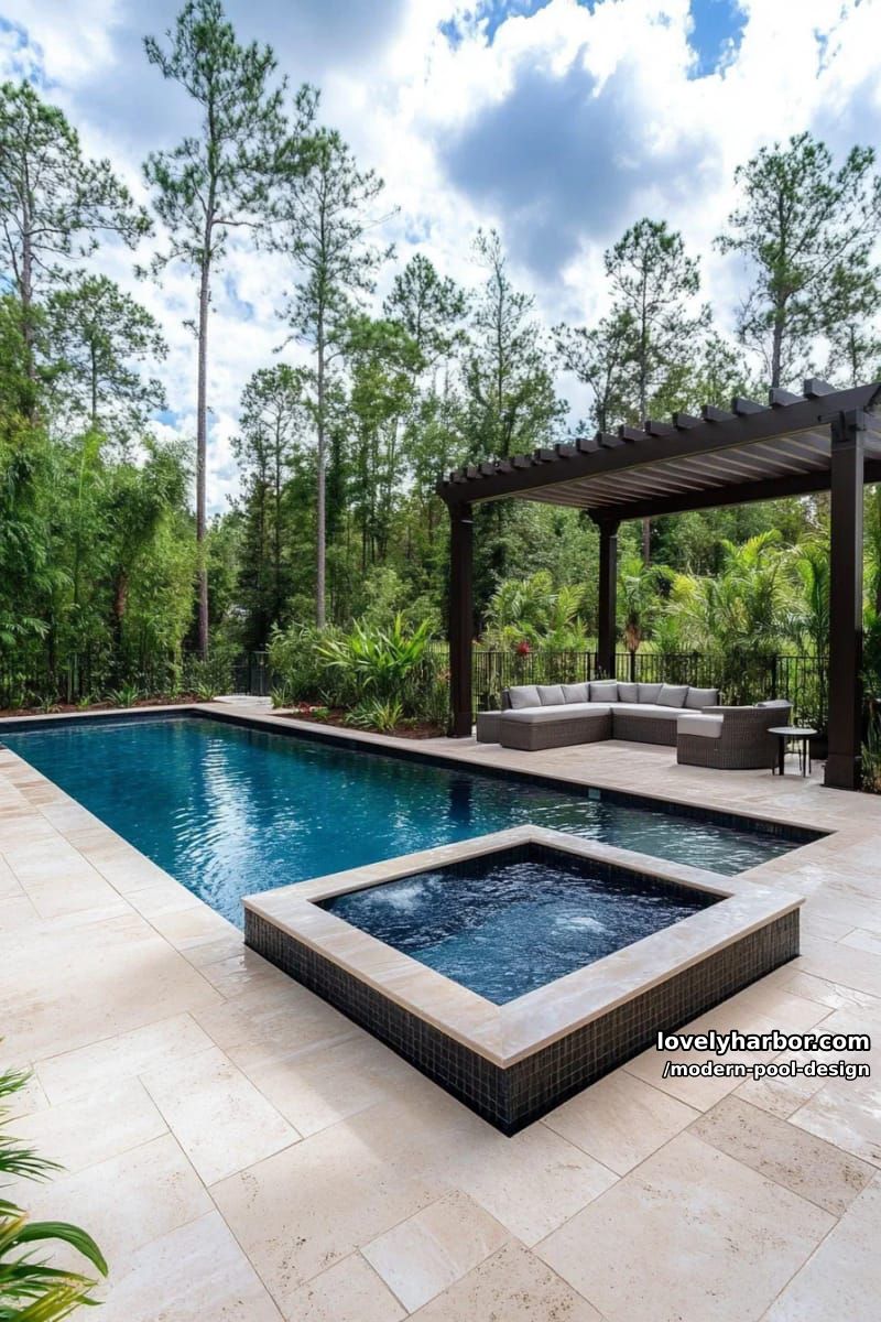 sleek pool with square hot tub, pergola-covered lounge, and lush greenery. 1