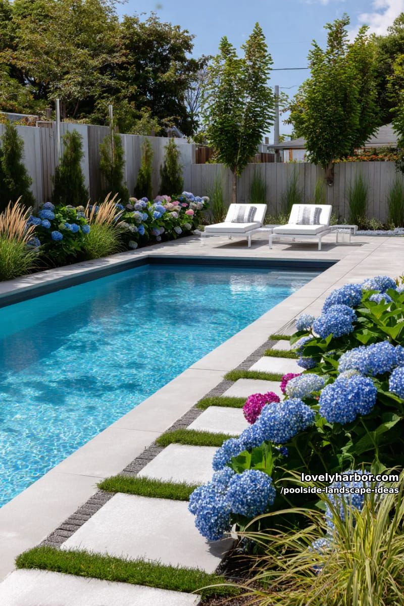 sleek rectangular pool with geometric pathway and vibrant hydrangea garden. 1