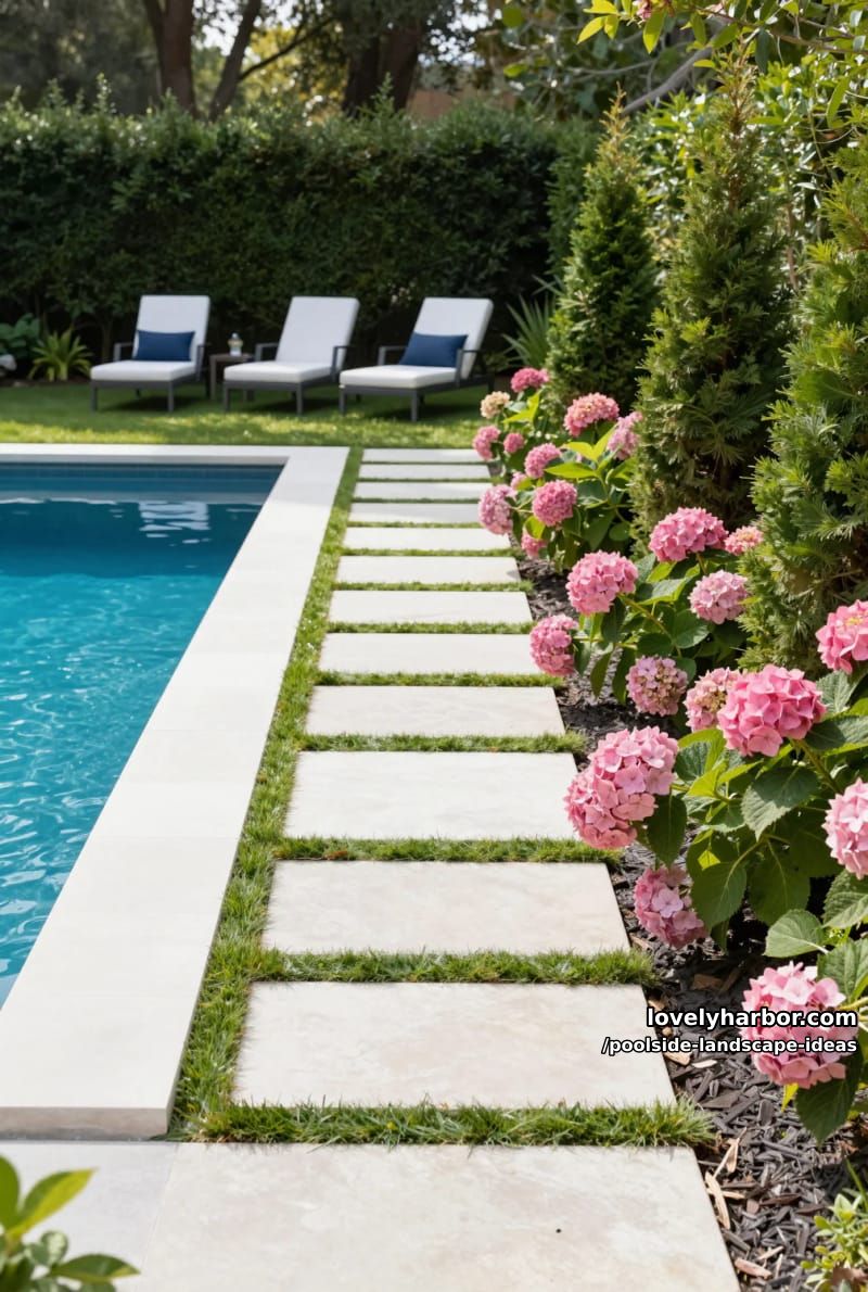 sleek rectangular pool with geometric pathway and vibrant hydrangea garden. 1
