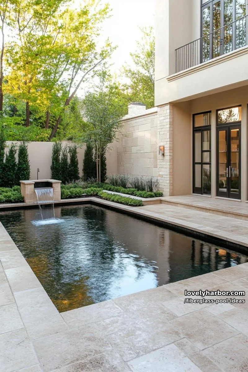 20 Fiberglass Pool Ideas for a Cozy Outdoor Retreat 5 slim rectangular courtyard pool with reflective water, stone edging, and minimalist fountain. 1