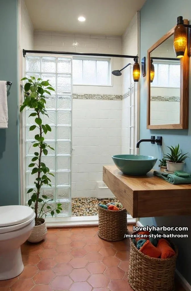 small bathroom with terracotta hex tile floor, teal accents, and glass block shower. 1