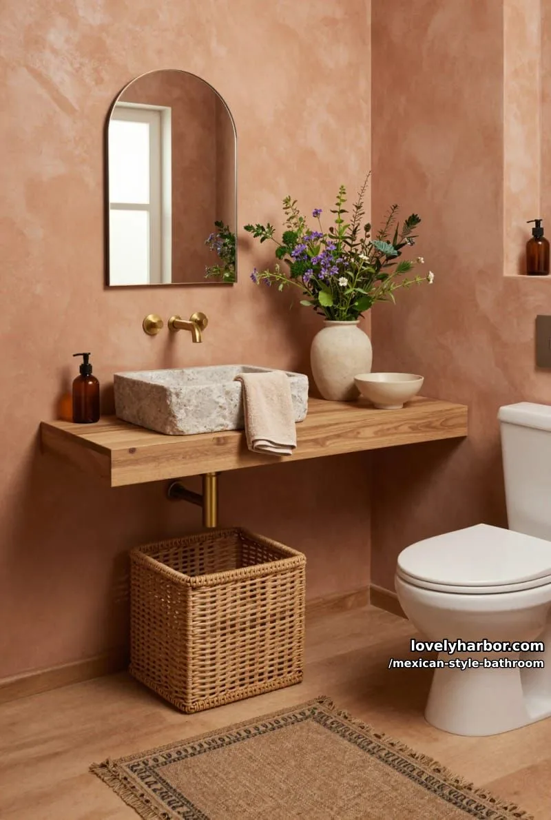 small bathroom with terracotta plaster walls, stone vessel sink, and brass accents. 1