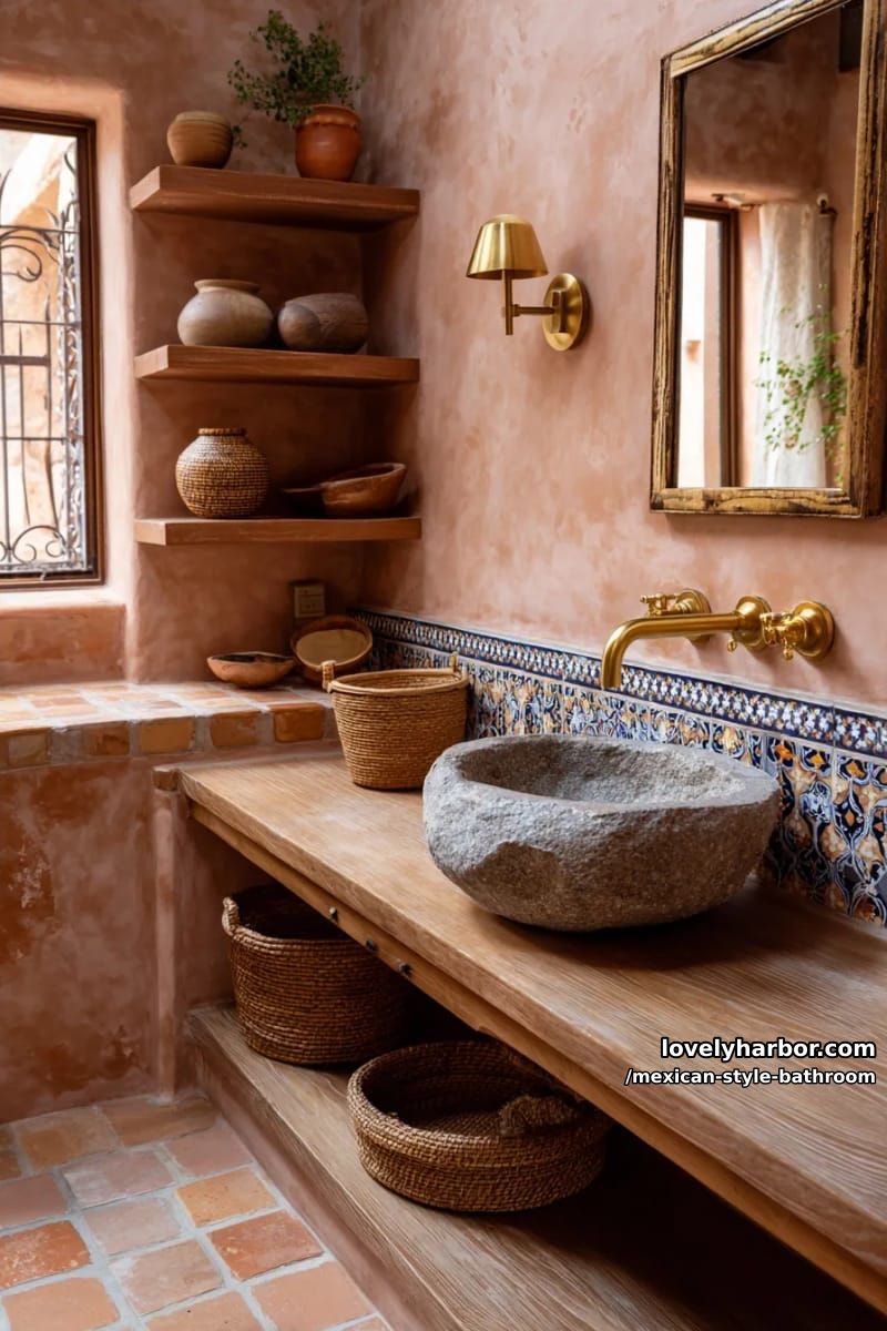 24 Mexican Style Bathrooms with Artistic Beauty 16 small bathroom with terracotta plaster walls, stone vessel sink, and brass accents. 1