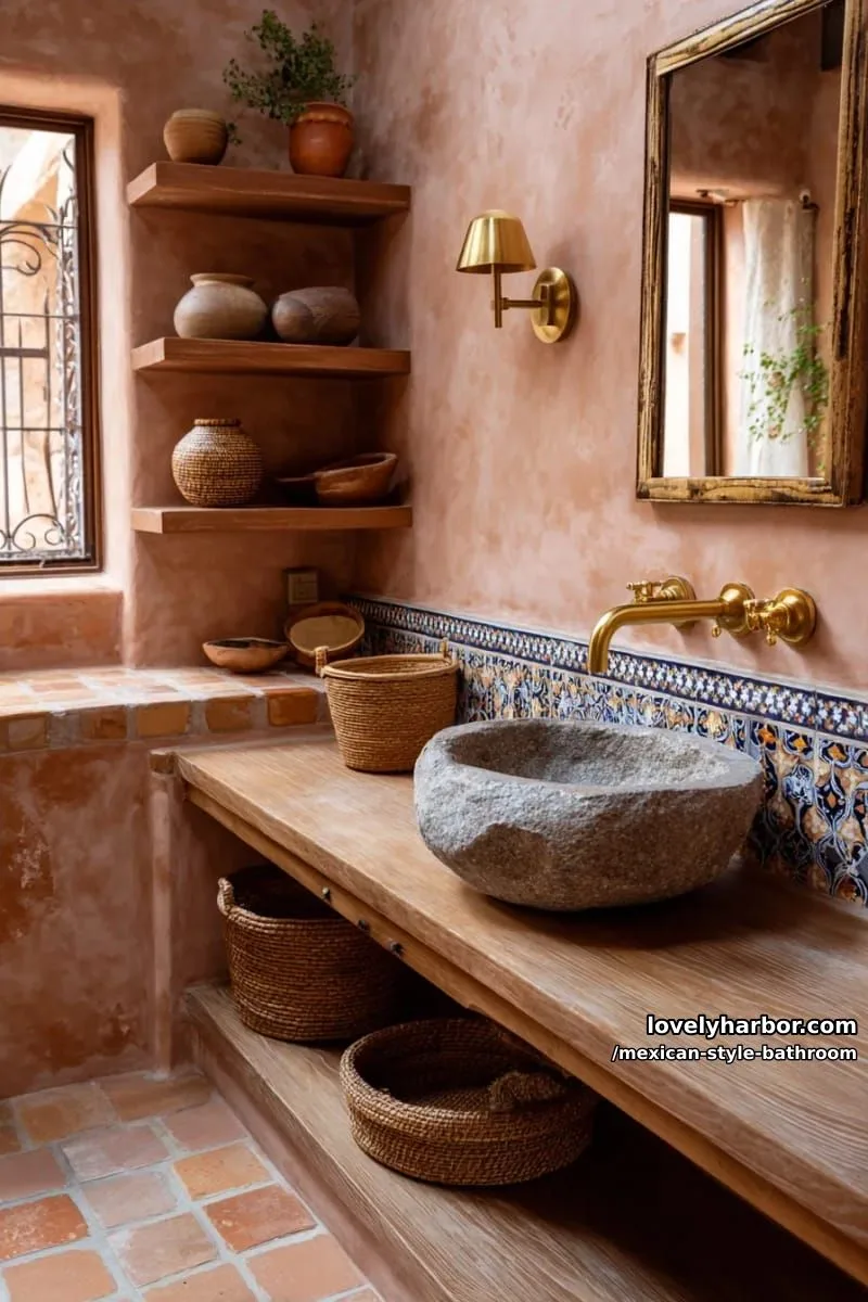 small bathroom with terracotta plaster walls, stone vessel sink, and brass accents. 1