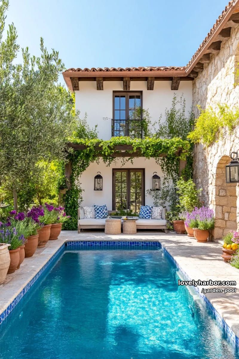 small courtyard pool, mosaic tiles, terracotta pots, vibrant flowers, mediterranean oasis. 1