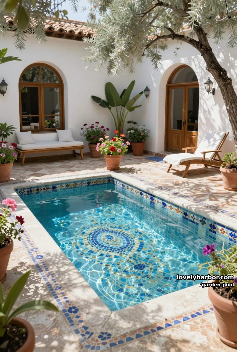 small courtyard pool, mosaic tiles, terracotta pots, vibrant flowers, mediterranean oasis. 1