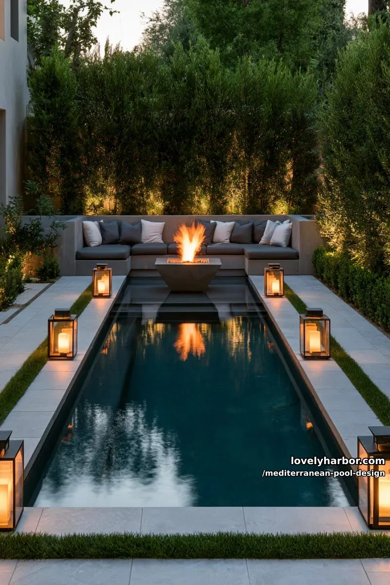 small modern pool at dusk with lanterns, fire pit, and built-in seating. 1