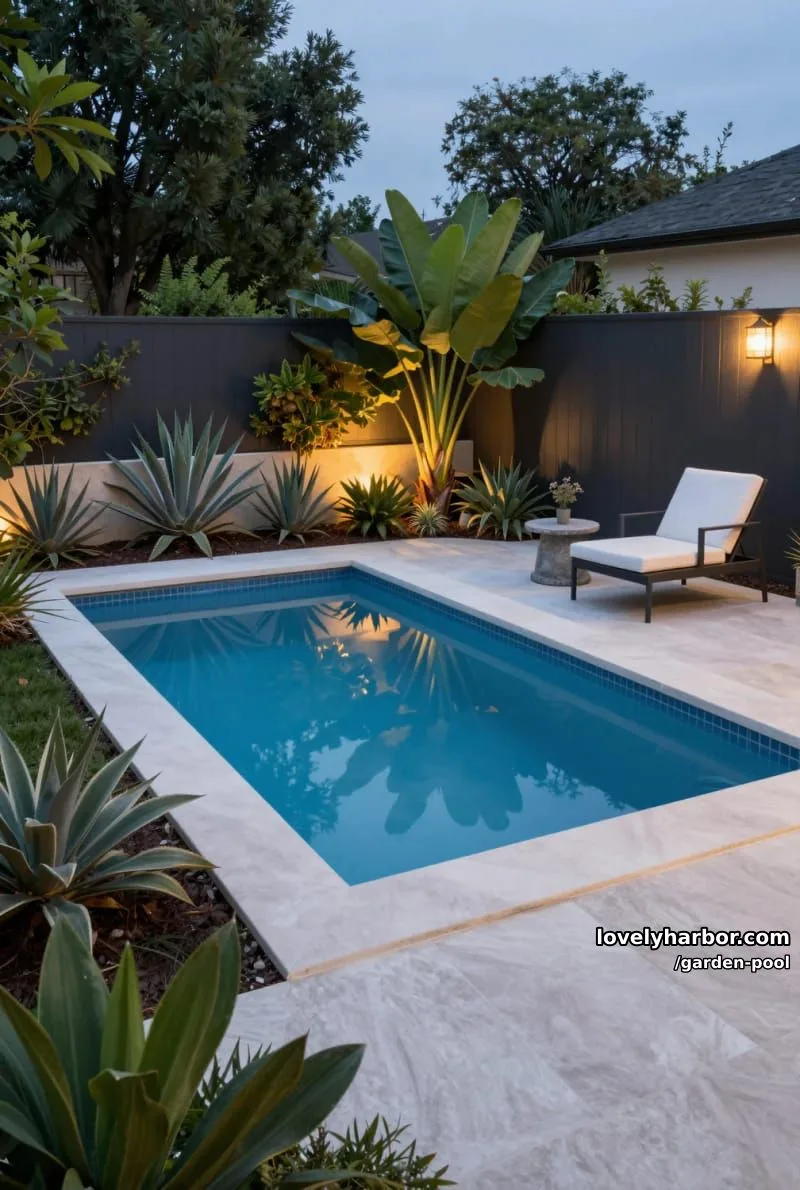 small modern pool, white stone tiles, agave and tropical plants, warm garden lights. 1