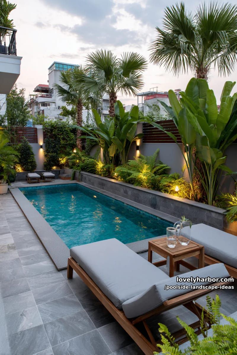 small modern pool with tropical plants, garden lighting, and serene lounge area. 1