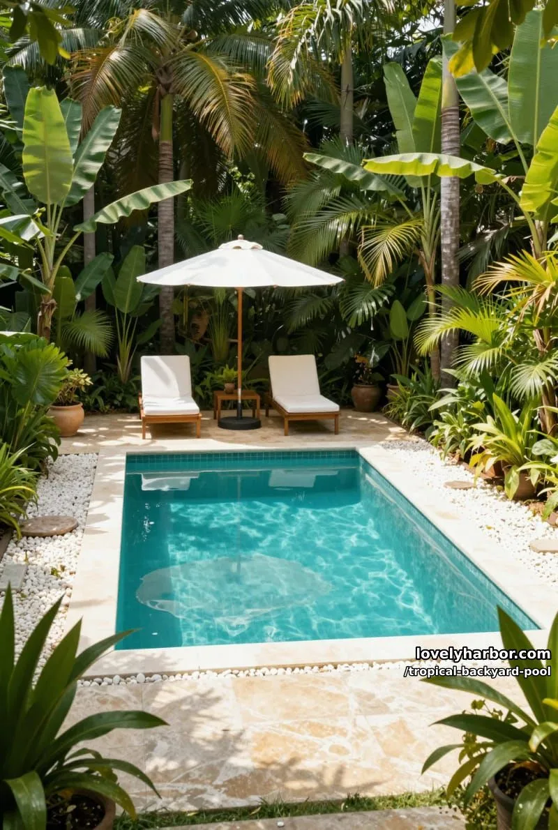 20 Tropical Backyard Pools That Feel Like a Resort 8 small pool with stone deck, white pebbles, and shaded lounge chairs 1