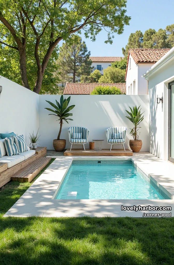 small raised pool with striped benches and retro metal chairs 1