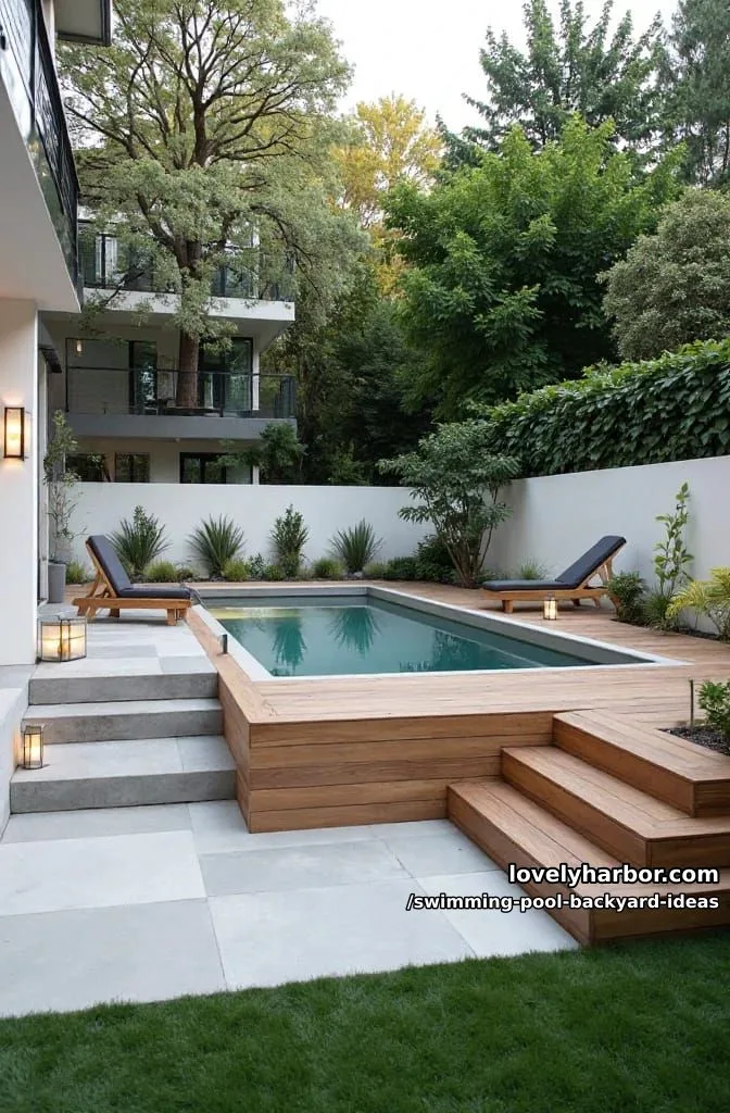 small raised wooden deck pool, modern patio, and ambient garden lighting 1