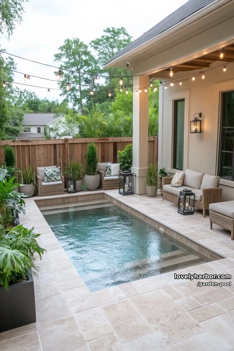 small rectangular pool, beige stone tiles, tropical potted plants, string lights, modern courtyard. 1