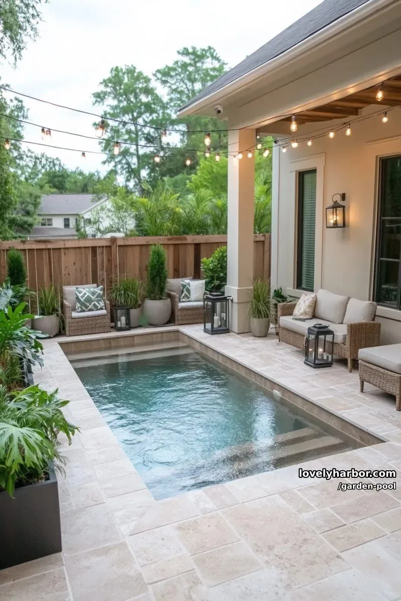 small rectangular pool, beige stone tiles, tropical potted plants, string lights, modern courtyard. 1