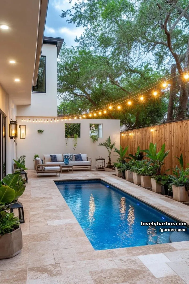 small rectangular pool, beige stone tiles, tropical potted plants, string lights, modern courtyard. 1