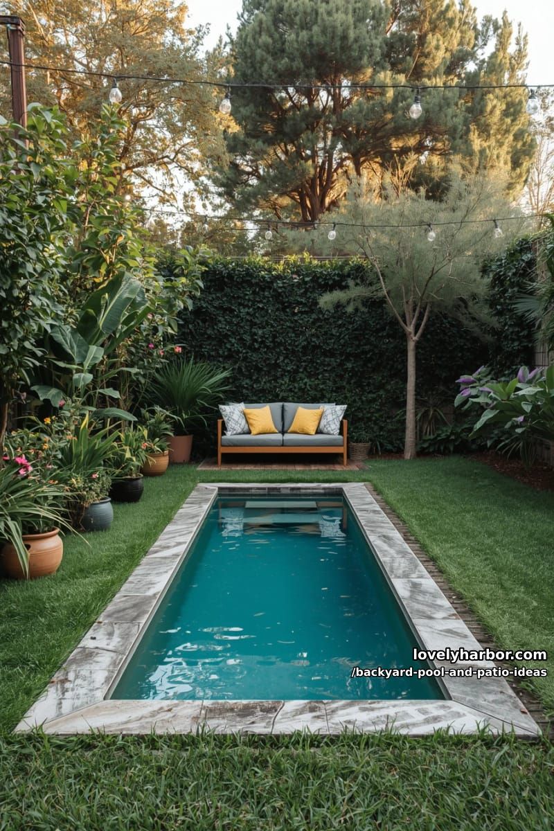 small rectangular pool, stone border, potted plants, cozy seating, string lights, privacy trees. 1