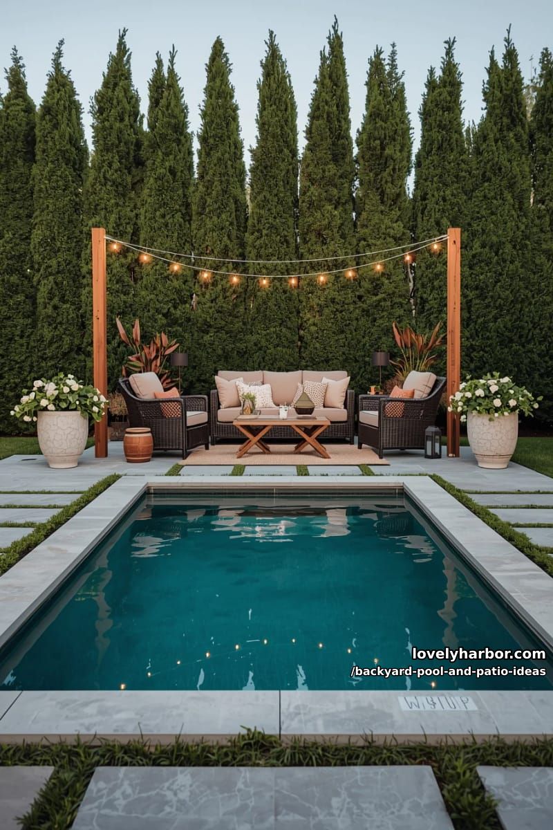 small rectangular pool, stone border, potted plants, cozy seating, string lights, privacy trees. 1